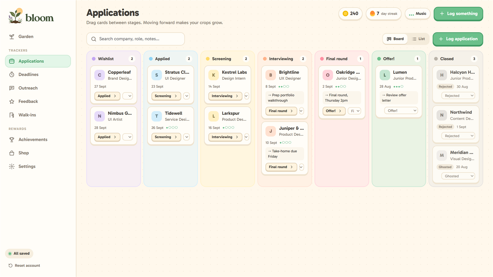 The applications board in Jobstead, with columns from Wishlist to Offer
