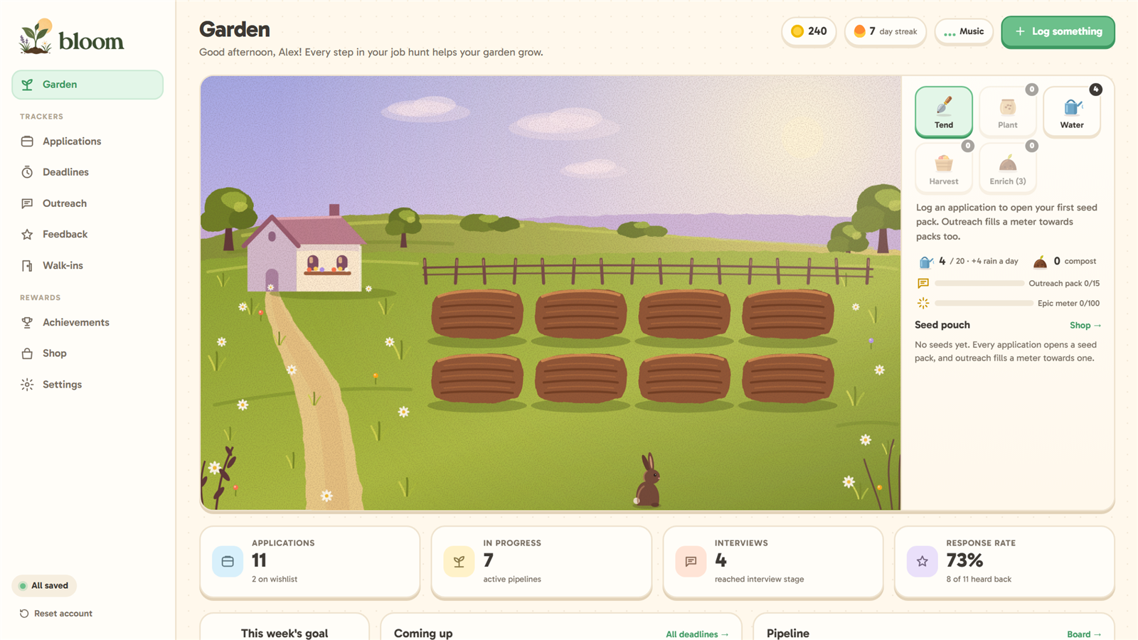 Jobstead's dashboard: the garden at the top, with applications, interviews and response rate underneath