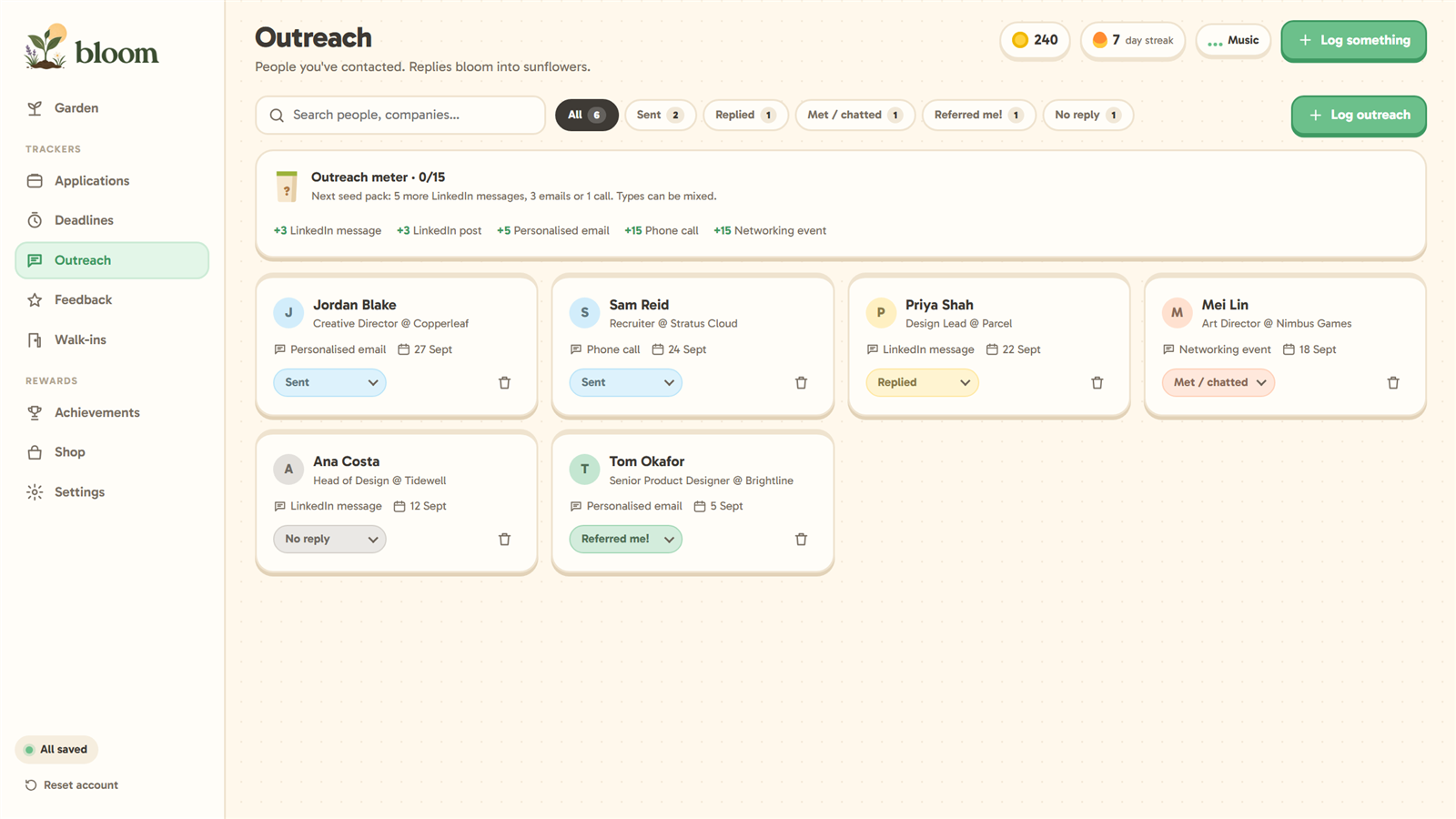 Jobstead's outreach tracker, with reply status and follow-ups